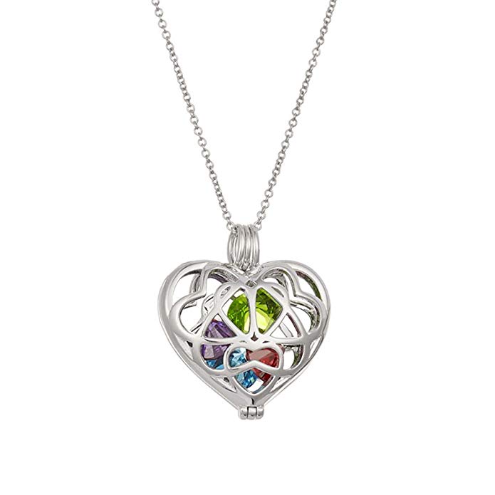 Sterling Silver Personalized 6mm Round Simulated Birthstone Heart Caged Locket (16