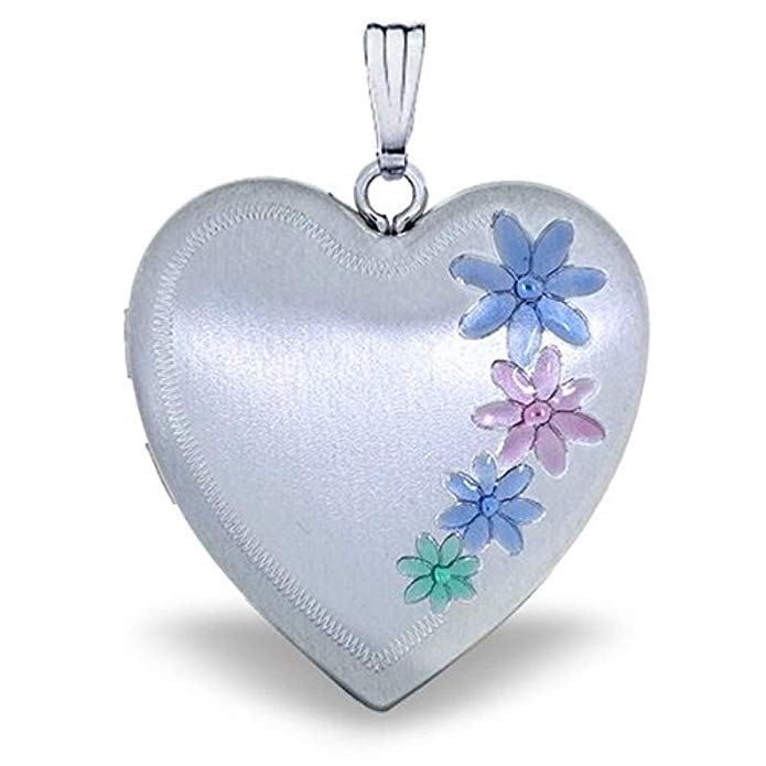 Sterling Silver Enameled Flower Heart Locket 1 Inch X 1 Inch