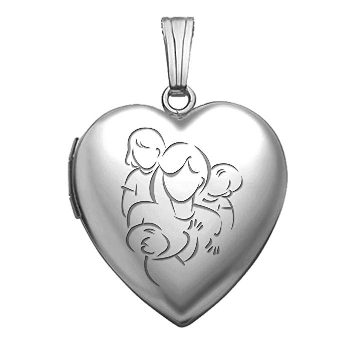 PicturesOnGold.com Sterling Silver Mom with Daughter and Two Sons Locket 3/4 Inch X 3/4 Inch