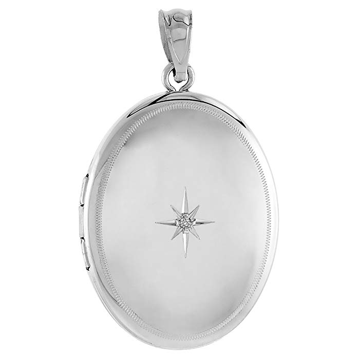 Sterling Silver Diamond Oval Locket Necklace Starburst Set Etched Edge 1 1/32 inch