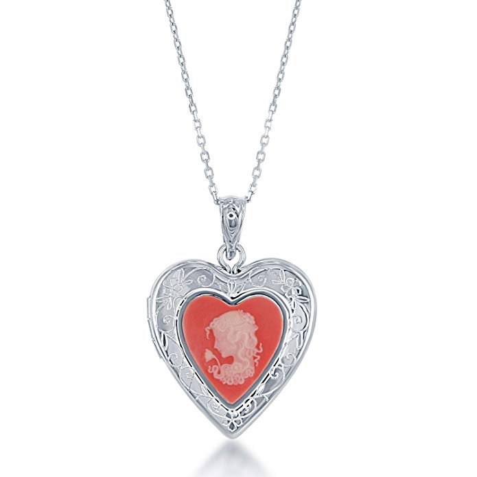 Sterling Silver Pink Cameo Heart Locket with 18