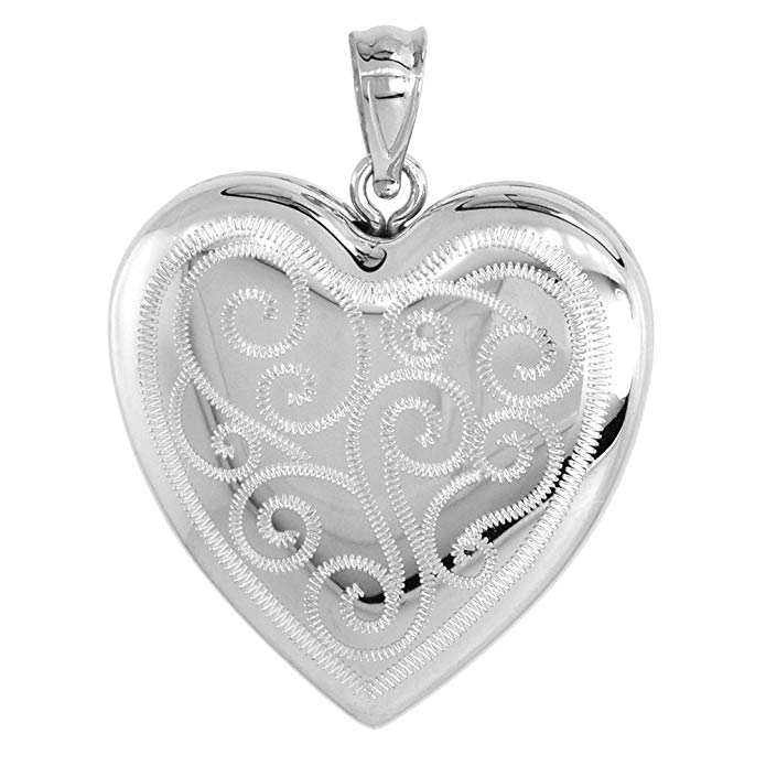 Sterling Silver Heart Locket Necklace 4 Picture Scroll Engraved 1 inch