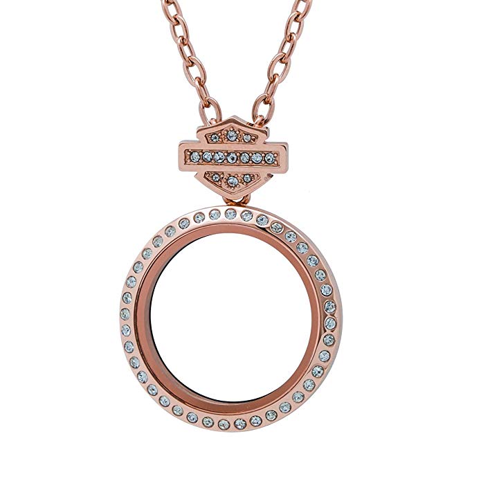 Harley-Davidson Womens Large Rose Gold Tone B&S Bling Circle Locket Necklace