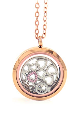 BG247 Stainless Steel Floating Locket Necklace with Choice of 6 Charms, 1 Plate, and Matching Chain (Rose Gold No Stone Circle)