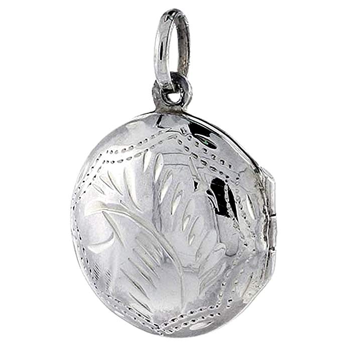 Small Sterling Silver Round Locket Necklace 18 inch Engraved Handmade, 3/4 inch