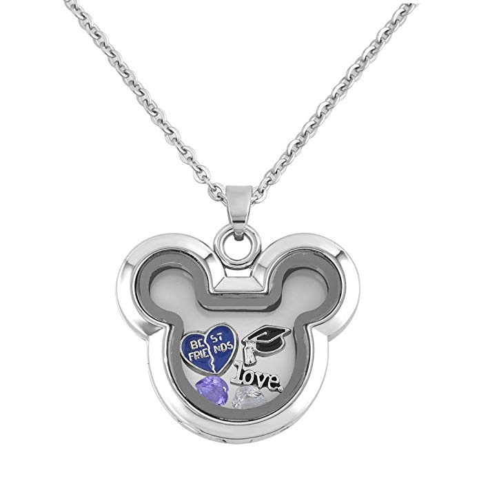 Q&Locket Best Friends Graduation Love Floating Charms In Mickey Mouse Shaped Locket Pendant Necklace