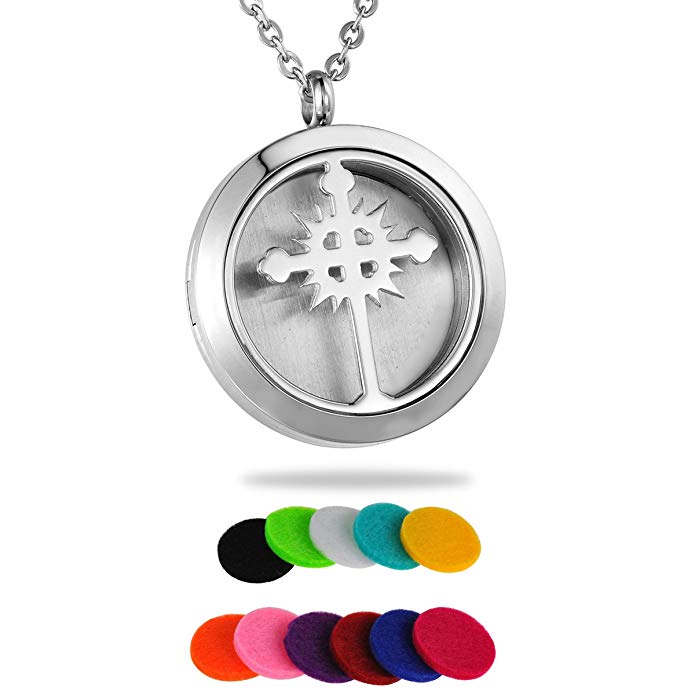 HooAMI Aromatherapy Essential Oil Diffuser Necklace - Stainless Steel Cross Round Locket Pendant