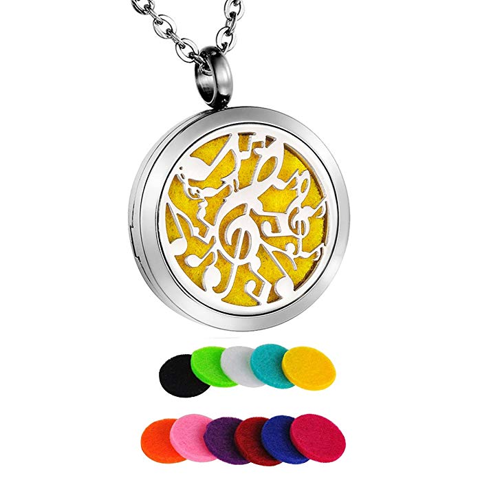 HooAMI Aromatherapy Essential Oil Diffuser Necklace - Stainless Steel Musical Music Note Locket Pendant,12 Refill Pads