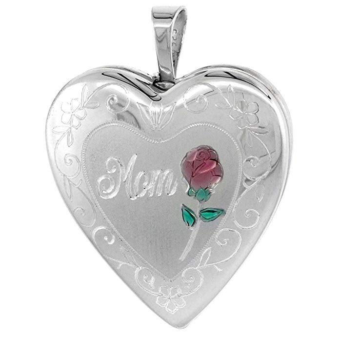 Sterling Silver Heart Locket Necklace MOM & Red Rose 3/4 inch