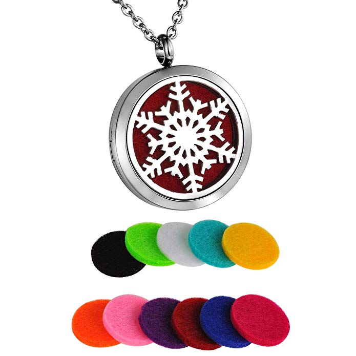 HooAMI Aromatherapy Essential Oil Diffuser Necklace - Stainless Steel Christmas Locket Pendant,11 Refill Pads