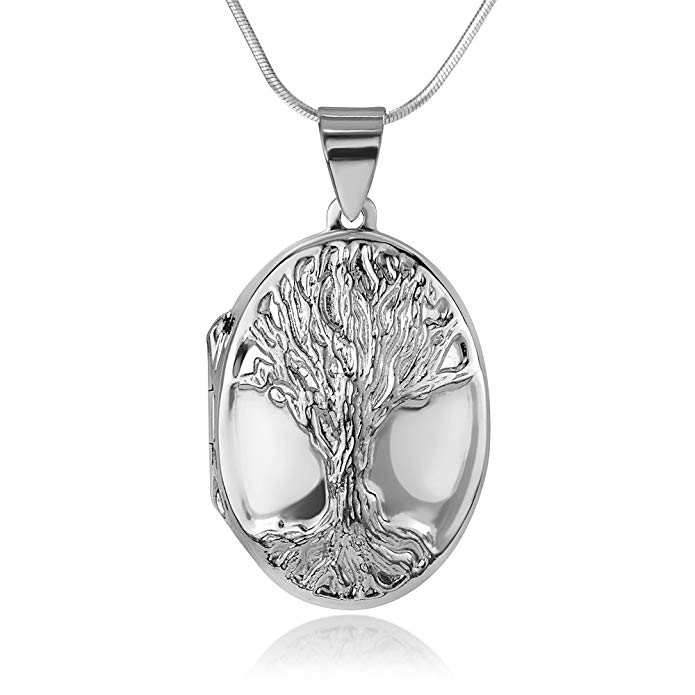 Chuvora 925 Sterling Silver Engraved Tree of life Ancient Symbol Oval Shaped Locket Pendant Necklace, 18”