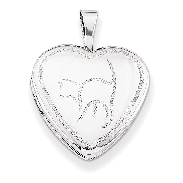 Sterling Silver Rhodium-plated 16mm Cat Heart Locket