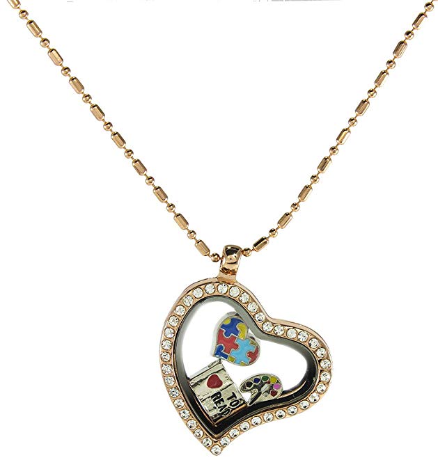 BG247 Floating Locket Necklace with Choice of 6 Mini Charms and Matching Chain (Rose Gold Heart)