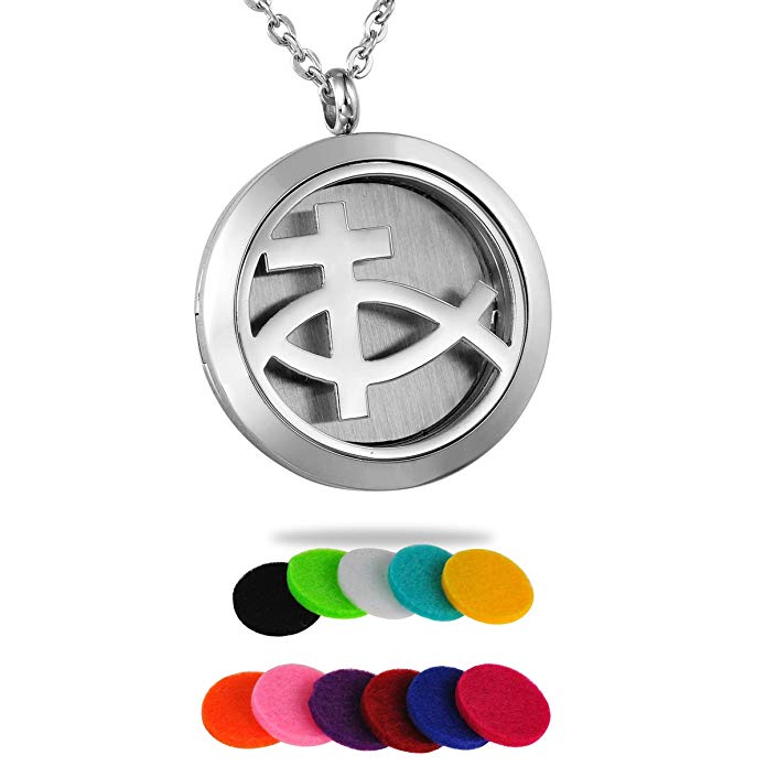 HooAMI Aromatherapy Essential Oil Diffuser Necklace - Christian Fish Cross Locket Pendant with Free Engraving