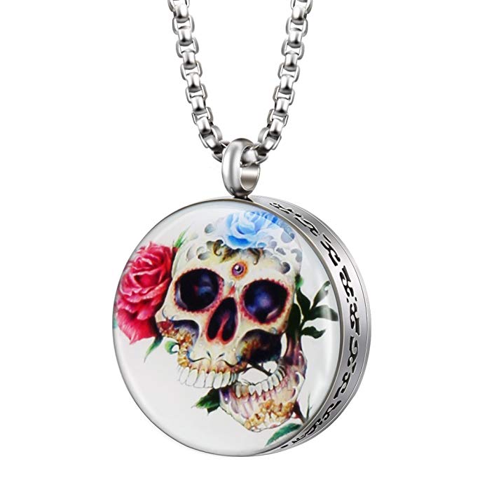 Jack & Rose Aromatherapy Pendant Necklace Essential Oil Diffuser Magnetic Stainless Steel Skull Locket Jewelry for Women Girls Kids with 8 Color Pads