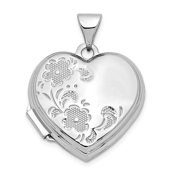 14kt White Gold Heart Shaped Floral Photo Pendant Charm Locket Chain Necklace That Holds Pictures Fine Jewelry For Women Gift Set