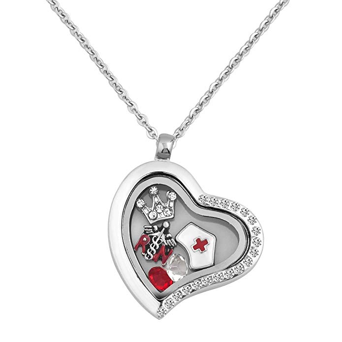 Q&Locket RN Nurse Hat Floating Charms Womens Glass Living Memory Locket Pendant Necklace