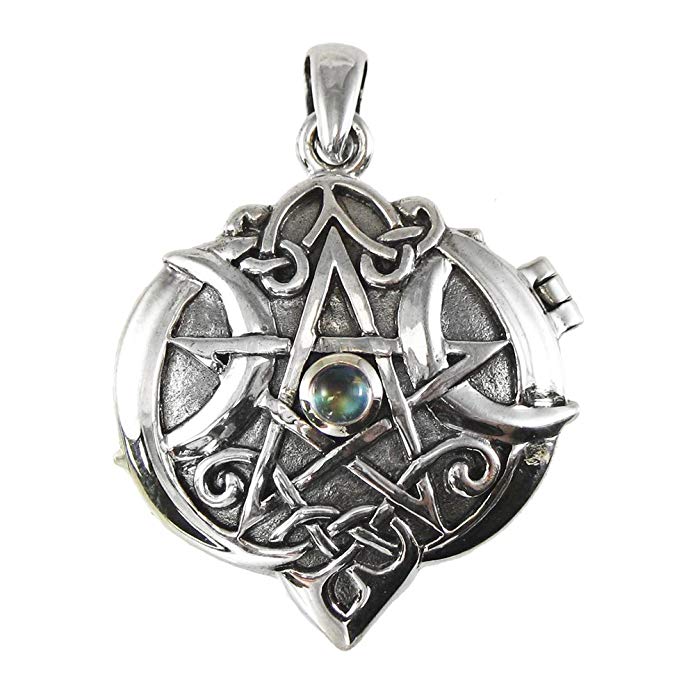 Sterling Silver Celtic Knot Heart Pentacle Locket with Natural Rainbow Moonstone