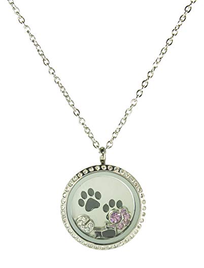 BG247 Stainless Steel Floating Locket Necklace with 6 Charms, 1 Plate, and Chain (Silver Rhinestone Circle)