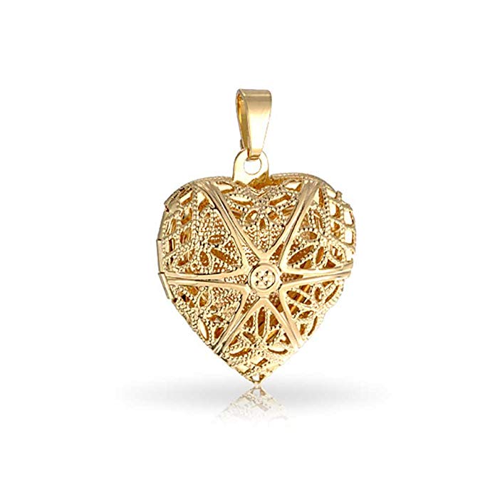 18k Gold Plated Brass Star Pattern Filigree Heart Shaped Locket Pendant