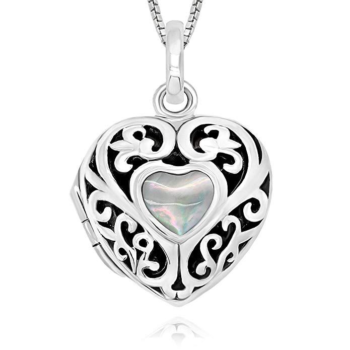 925 Sterling Silver Moonstone, Onyx Heart Locket Necklace, 18