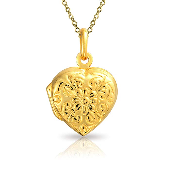 Flower Etched Heart Shaped Locket Gold Plated Pendant