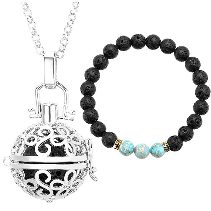 Top Plaza Chakra Healing Crystal Natural Gemstone Bead Openable Tree of Life Locket Pendant Necklace - Black Lava Rock (Flower Locket+Bracelet)