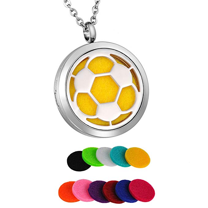 HooAMI Aromatherapy Essential Oil Diffuser Necklace Stainless Steel Soccer Football Locket Pendant Jewelry,12 Refill Pads