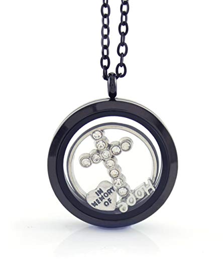 BG247 Stainless Steel Floating Locket Necklace with Choice of 6 Charms, 1 Plate, and Matching Chain (Gunmetal No Stone Circle)