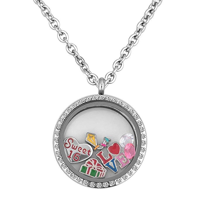 Q&Locket Sweet 16th Love Birthday Floating Charm In Living Memory Locket Pendant Necklace Women&Girl