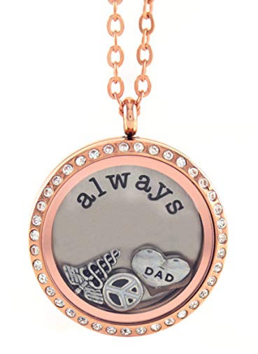 BG247 Stainless Steel Floating Locket Necklace with Choice of 6 Charms, 1 Plate, and Matching Chain (Rose Gold Rhinestone Circle)