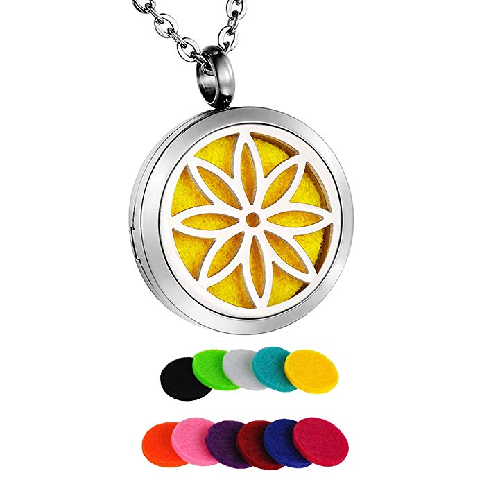 HooAMI Round Flower Aromatherapy Essential Oil Diffuser Necklace Pendant Locket Jewelry Gift Set