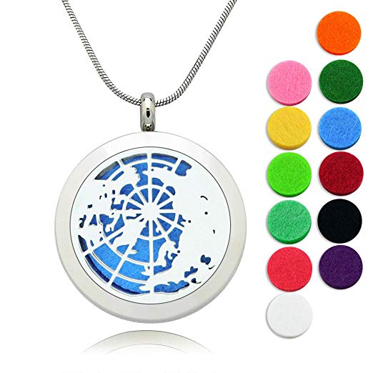 Essential Oil Diffuser Necklace Stainless Steel Globe Locket Aromatherapy Jewelry (30mm, 2 Chains, 12 Felt Pads) by Lademayh