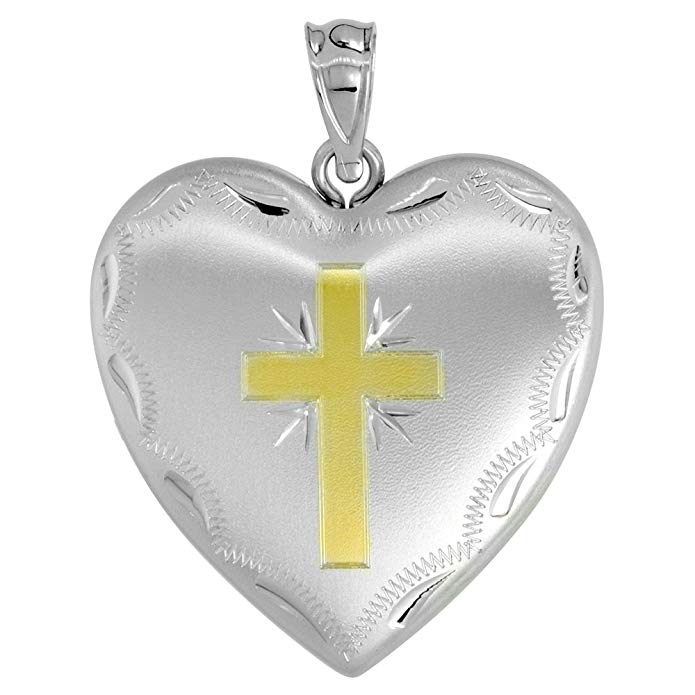 Sterling Silver Heart Locket Necklace 4 Picture Gold Cross 1 inch