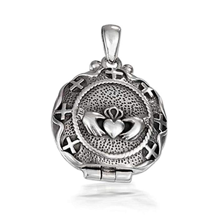 Claddagh Cross Filigree Locket Sterling Silver Necklace 18 Inches