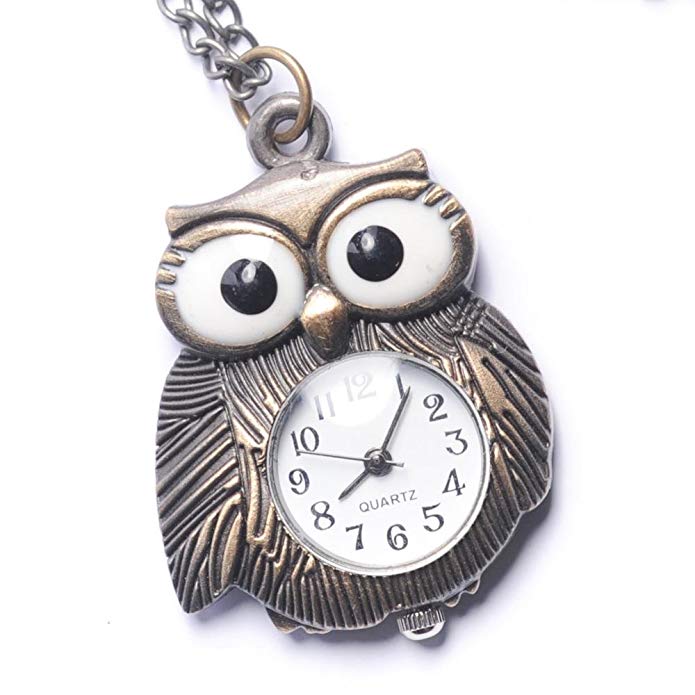 81stgeneration Women's Brass Vintage Style Owl Pocket Watch Chain Pendant Necklace, 78 cm