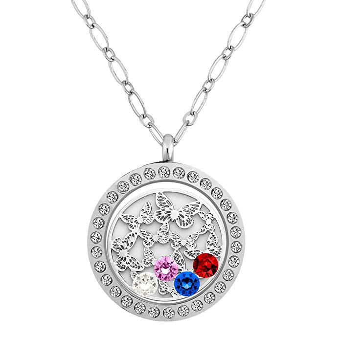 LuckyJewelry Floating Crystal Butterfly Charms Locket Necklace Memory Magnetic Pendant for Women