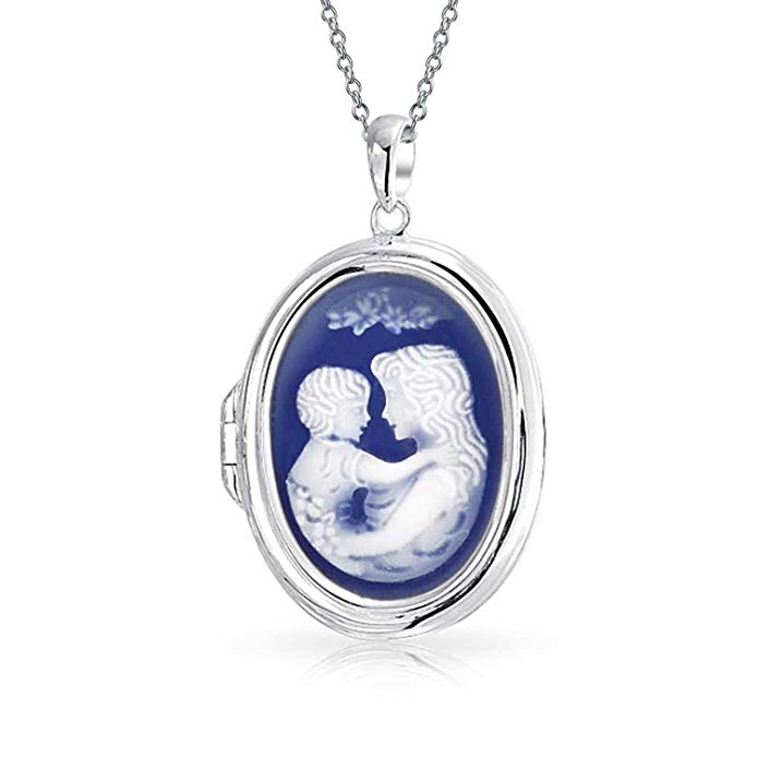 Engravable Blue Resin Cameo Mother Child Locket Pendant Sterling Silver Necklace 18 Inches