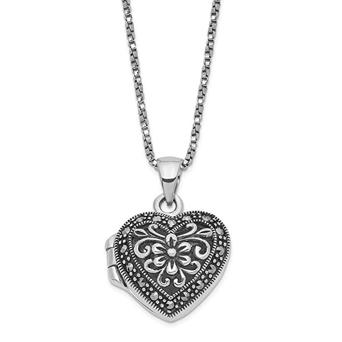 925 Sterling Silver Marcasite Heart Locket Chain Necklace Pendant Charm W/chain S/love Fine Jewelry For Women Gift Set