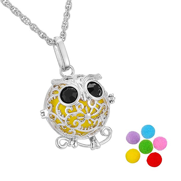 HooAMI Aromatherapy Essential Oil Diffuser Necklace Owl Locket Pendant with 6 Multi-Colored Refill Pads