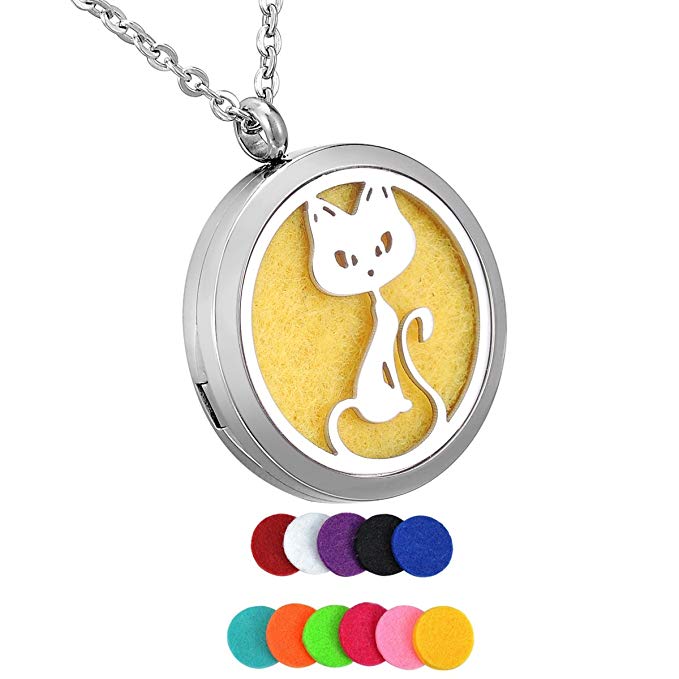 HooAMI Aromatherapy Essential Oil Diffuser Necklace - Kitty Cat Stainless Steel Locket Pendant with 11 Color Pads