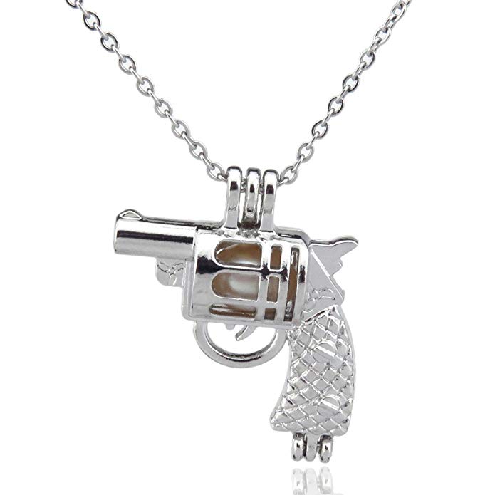 Revolver Pearl Cages, Beads Cage, Revolver Pistol Gun Locket Necklace, Open Pendant