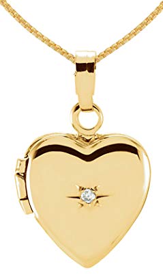 Small 14K Yellow Gold Heart Locket with Genuine Diamond Accent Charm Pendant Necklace, 16in to 24in