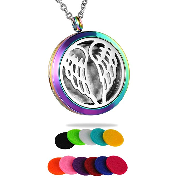 HooAMI Aromatherapy Essential Oil Diffuser Necklace - Stainless Steel Angel Wing Round Locket Pendant with Free Engraving