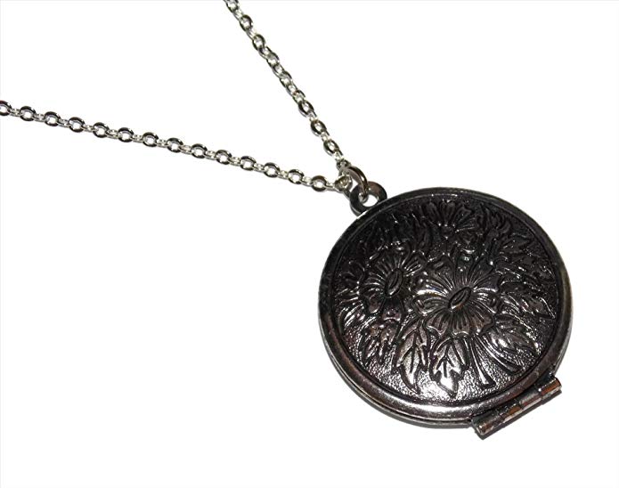 Flower Photo Locket Necklace - 18 Inch Chain Antiqued Silver Tone- Measures 1 Inch Across- Flower Design Picture Locket