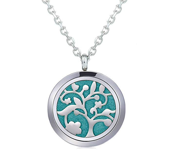 Aromatherapy Necklace - Flower Tree - Essential Oil Diffuser Necklace - Aromatherapy Jewelry - Stainless Steel with a Chain, 12 Insert Pads and a Gift Pouch - Best Aromatherapy Gift Set