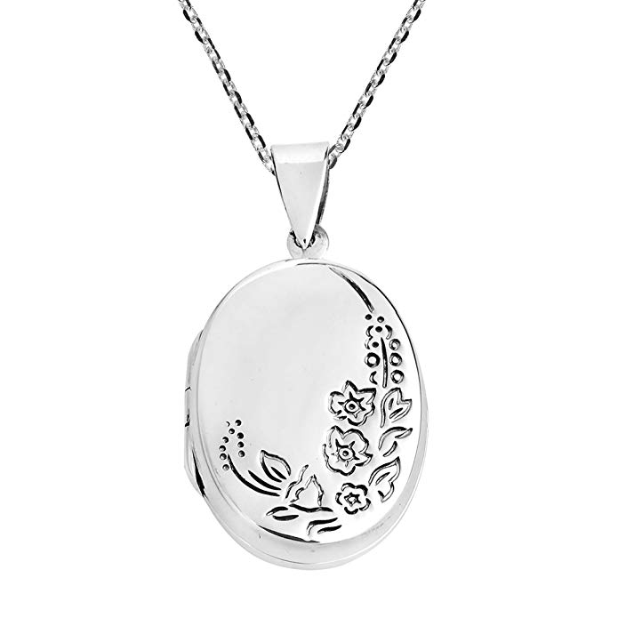 AeraVida Engraved Tropical Flora Oval Locket .925 Sterling Silver Necklace