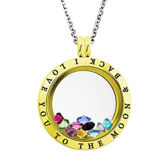 Tioneer 20-25 MM Stainless Steel I Love You to the Moon and Back Engraved Floating Glass Charm Locket Pendant Necklace