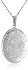 Sterling Silver Engraved Flowers Oval Locket, 20