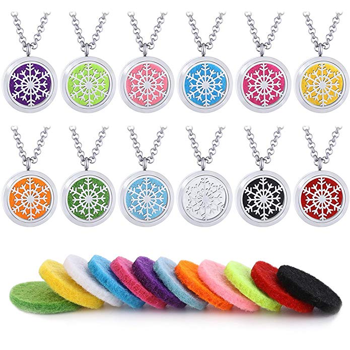 Mecoo 316L Stainless Steel Snowflake Necklace Aromatherapy Essential Oil Diffuser Pendant 12 Colorful Felt Pads